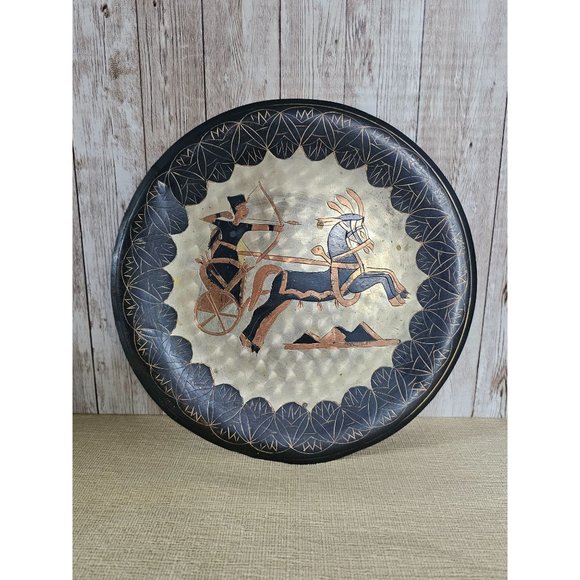 Vintage Etched Egyptian Pharaoh At War on Chariot Copper/Brass Plate 9.5" - Picture 1 of 5
